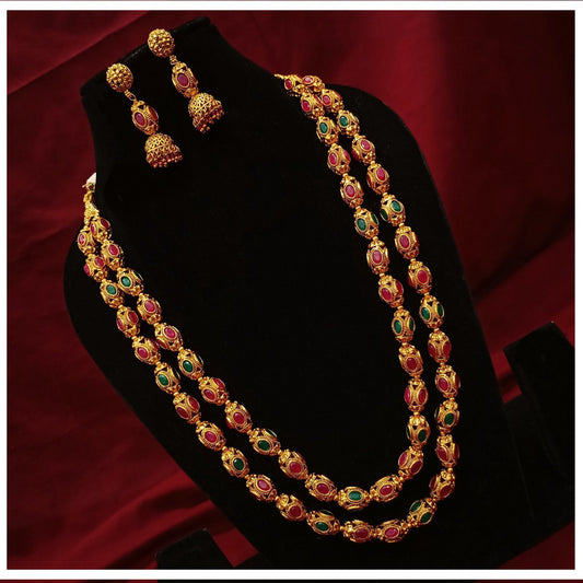 Beautiful Gold & Multi Coloured Premium Quality Pure Brass Gold Plating Long Mala Jewellery set with Earrings!!