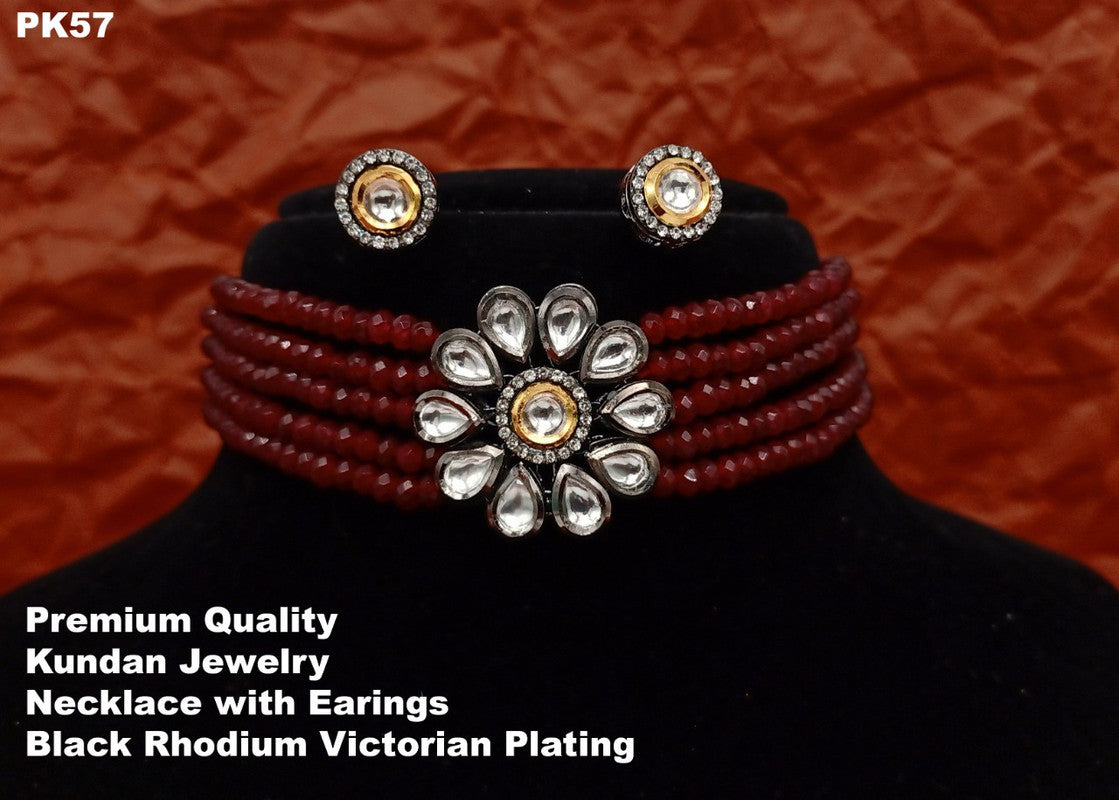 Premium Quality  Kundan Jewellery Necklace set with Ear Rings, Black Rhodium Victorian plating.