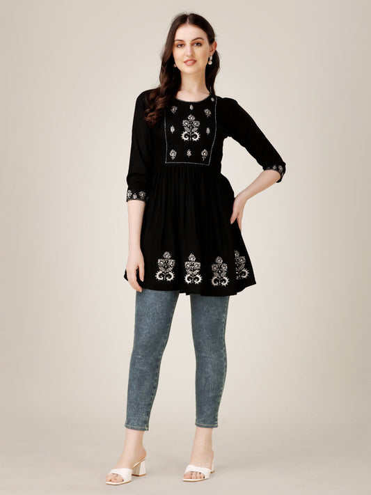 Black Coloured Premium Rayon with Embroidery & Sequence Work Round Neck 3/4 Sleeves work Women Party/Daily wear Western Top!!