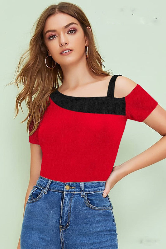 Red Coloured Shoulder Shot  Sleeves Trendy T- shirt!!