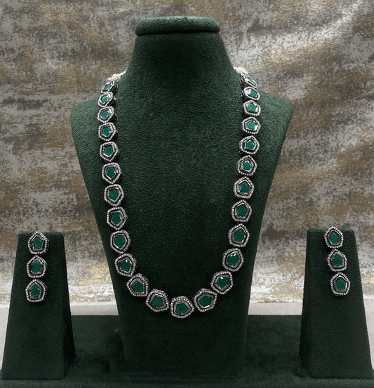 White & Dark Green Coloured Real Kundan Women Designer Black Mala Long set with earrings!!