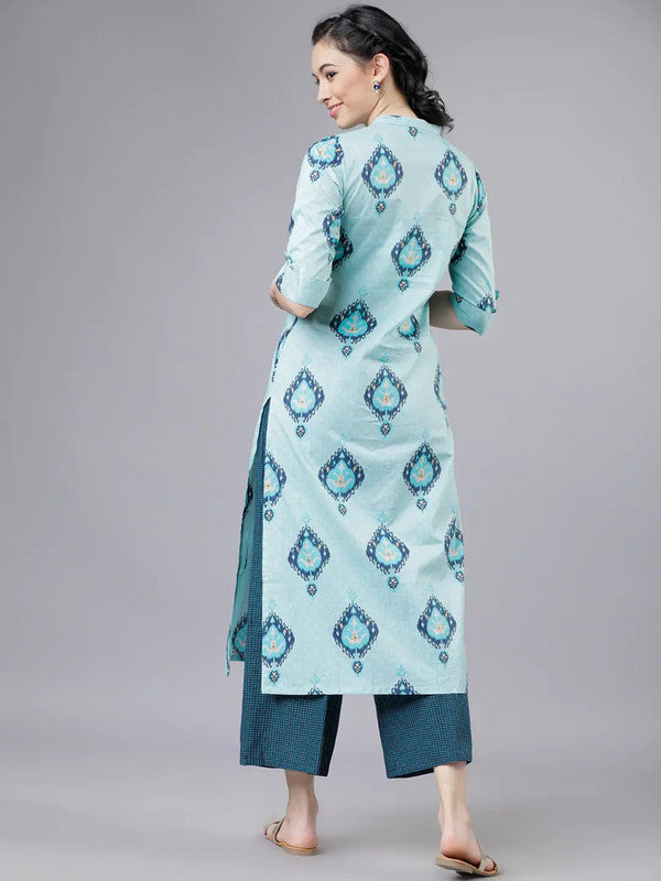 Blue Coloured Pure Cotton with floral printed Women Designer Party wear Straight Line Kurti with palazzo pants!!