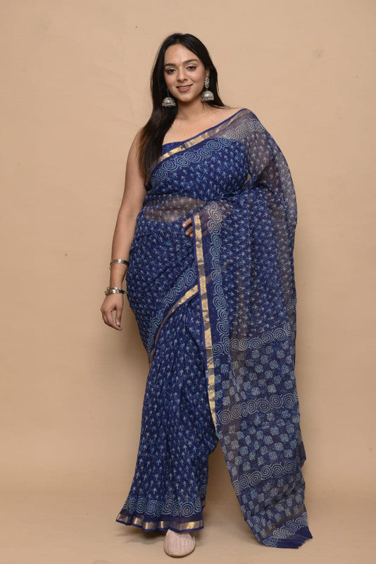 Blue & Off White Coloured Kota Doria Cotton Hand block Print with Jari Border Women Designer Party wear Kota Doria Cotton Saree with Blouse!!