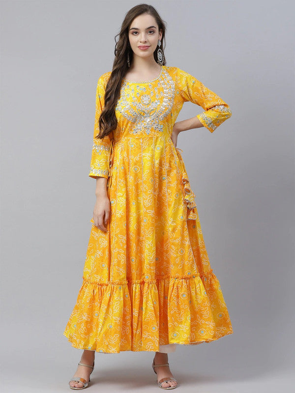 Yellow and white Bandhani printed Anarkali Designer Kurti
