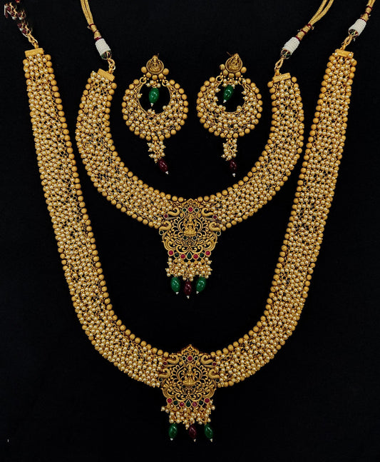 Exclusive Gold Coloured Premium Quality Pure Copper Gold Plating Temple Jewelry Combo set with Earrings for Women!!