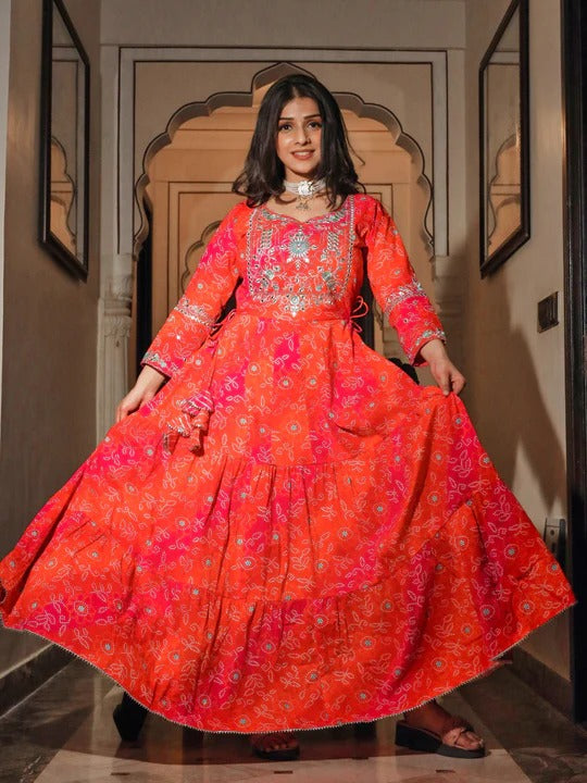 Pink & Orange Coloured Pure Cotton Bandhani Printed Mirror Work Women Designer Party/Daily wear Anarkali Shape Kurti!!