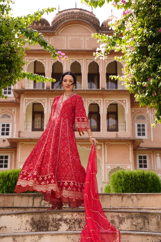 Red Coloured Premium Rayon with Embroidery lace work Women Designer Party wear Anarkali Kurti with Pant & Dupatta!!