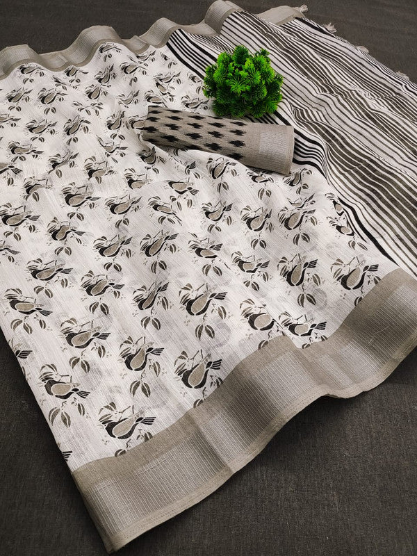 Soft cotton with heavy zari woven border with Digital Print