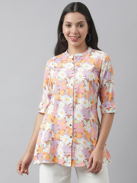 Lavender, White & Orange Coloured Premium Rayon Floral printed Mandarin Collar Roll-Up Sleeves Women Party/Daily wear Western A-line Shirt Style Top!!