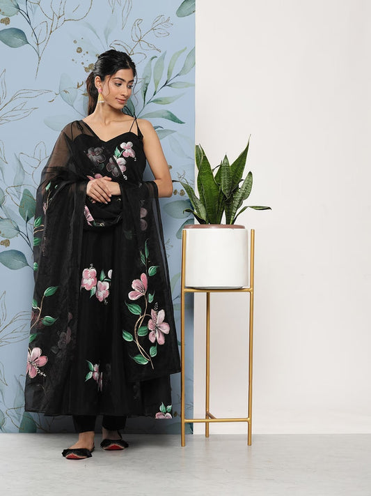 Black Organza Floral Printed Anarkali Kurta with Trousers & With Dupatta!!