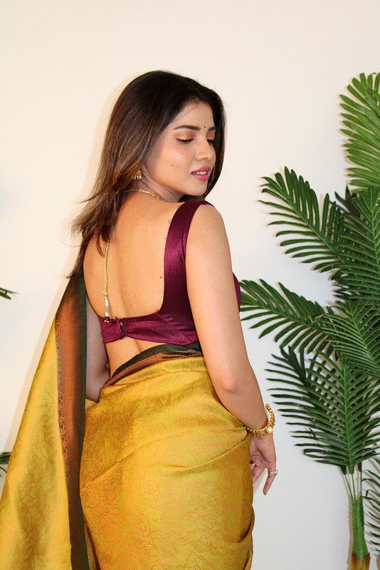 Mehendi Yellow & Brown Coloured Kubera Pattu with Jacquard work Women Designer Party wear Soft Silk Saree with Blouse!!