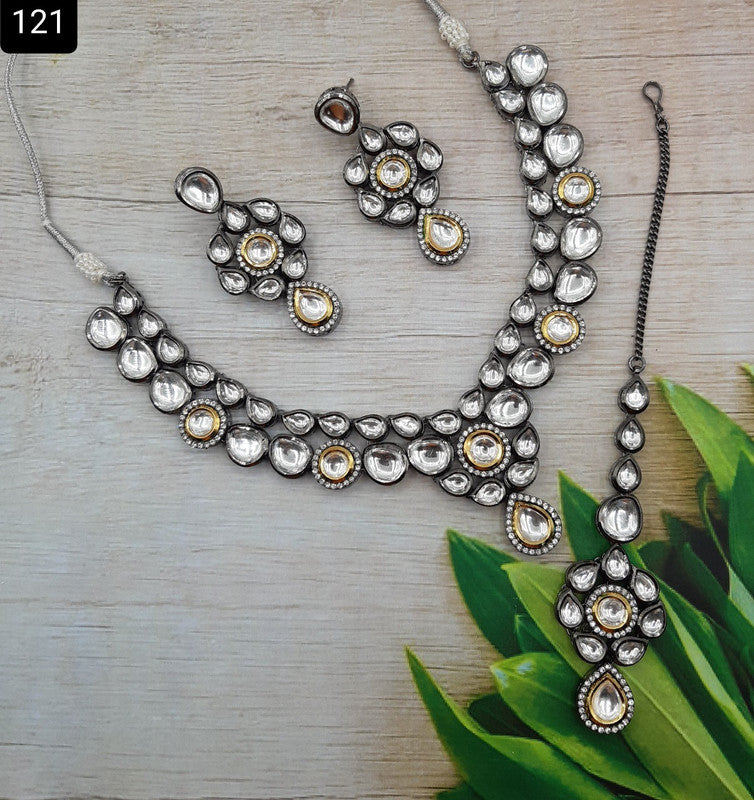 Premium Quality  Kundan Jewellery Necklace set with Ear Rings, Black Rhodium Victorian plating.