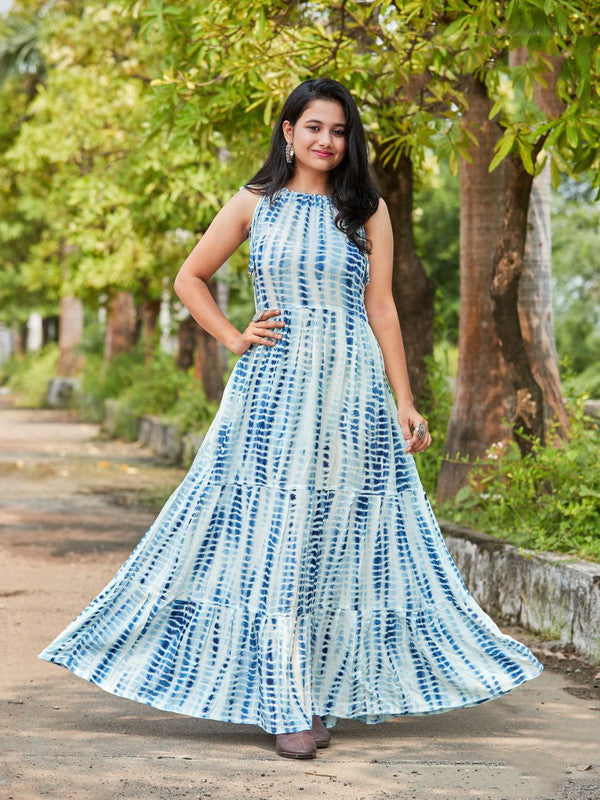 Blue & White Coloured Premium Rayon Tye Dye Printed Sleeveless Women Designer Party/Daily wear Long Flair Gown Kurti!!