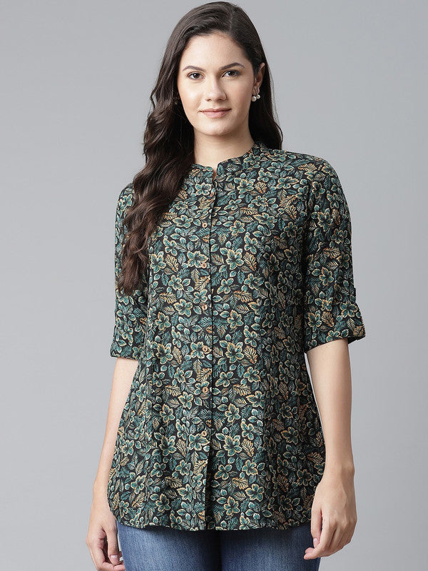 Navy Blue & Green Coloured Premium Viscose Rayon Floral Print Mandarin Collar Roll-Up Sleeves Women Party/Daily wear Western Shirt Style Top!!