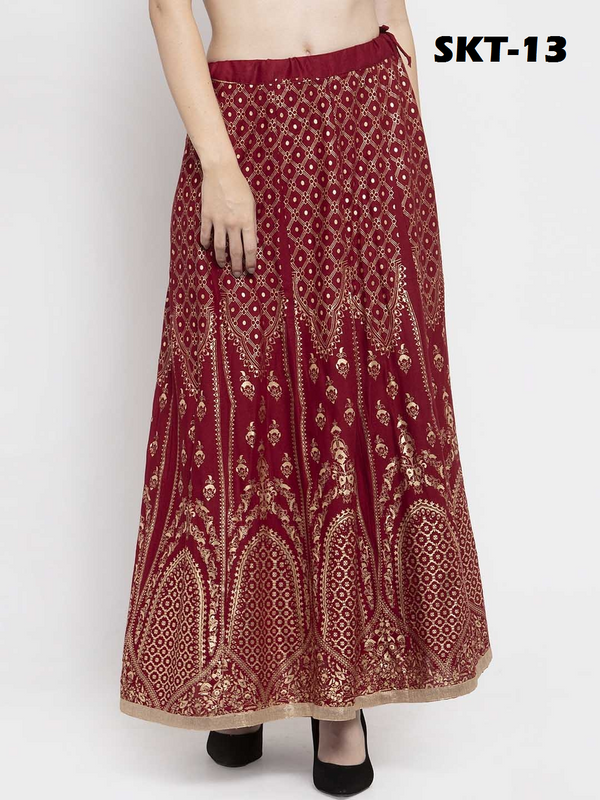 Gold Print Maroon coloured Rayon Skirt Free Size( 28 to 40 Inch)!!