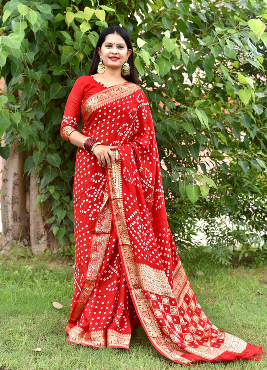 Red & Multi Coloured with Zari Weaving & Bandhani Print Women Designer Party wear Art Silk Saree with Blouse!!