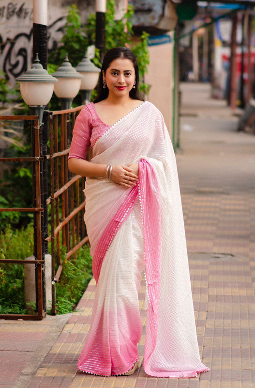 Pink & White Coloured Exclusive Silver Zari woven lining Shade color Women Party wear Soft Silver Chiffon Saree with Blouse!!