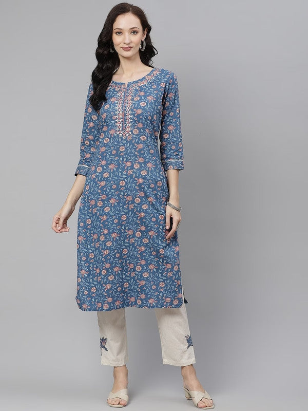 Blue Ethnic Motifs Printed Pure Cotton Straight shape Party wear Kurti with Trousers!!