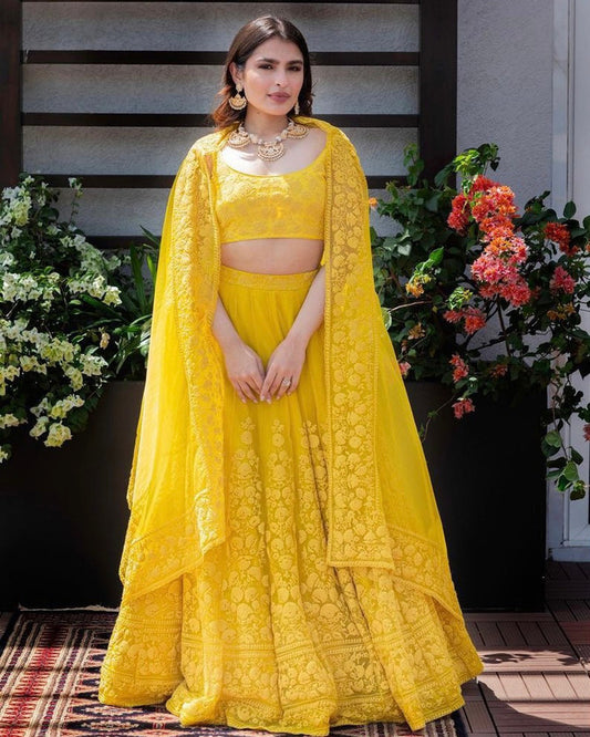 Yellow Haldi Georgette Embroidery Outfit Lehngha Choli with Dupatta!!