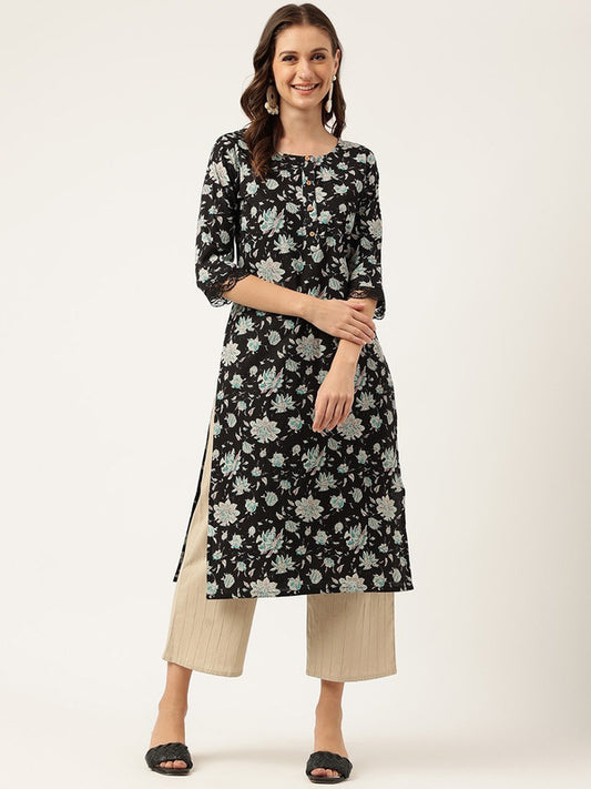 Black Coloured Floral Printed Mirror Work Boat neck 3/4 Sleeves A-line shape Women Designer Party wear Pure Cotton Kurti!!