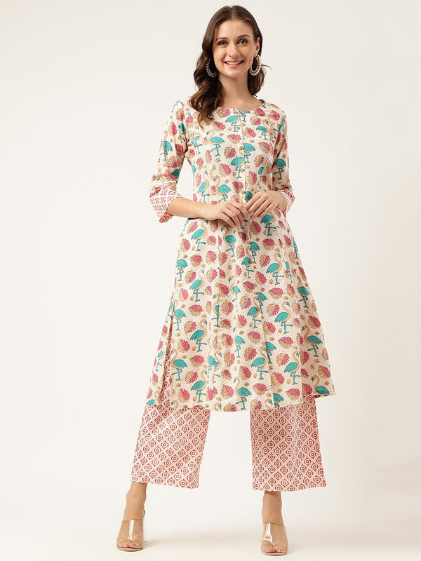 Cream Coloured Printed Panelled Mandarin collar 3/4 Sleeves A-line shape Women Designer Party wear Pure Cotton Kurti with Palazzos!!