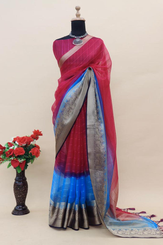 Dark Pink & Blue Coloured Soft pure Kora Khadi Organza Silk Jacquard weaving border with chit pallu Women Party wear Silk Saree with Blouse!!