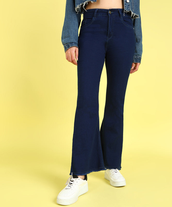 Blue Coloured Premium Denim Lycra with Bell Bottom Stretchable Full Length Women Casual/Party wear Bell Bottom Jeans!!