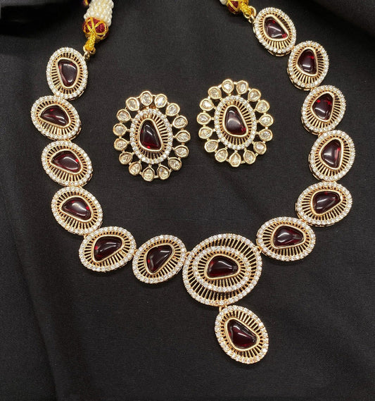 Gold & Maroon Coloured Pure Brass with Premium Quality Real Kundan Women One Gram Gold Designer Necklace with Earings set!!