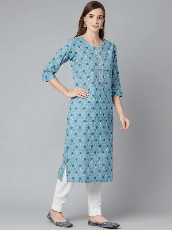 Women Blue Geometric Embroidered Gotta Patti Floral Kurta!!