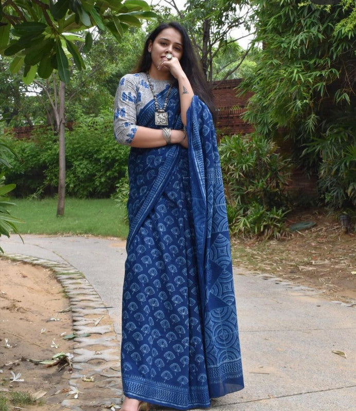 Blue & Grey Coloured Imported Cotton Digital print Women Party wear Saree with Blouse!!