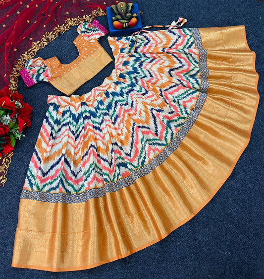 Orange & Multi Coloured Soft Silk with Designer Digital Print with Zari Girls Kids Lehenga Choli with Dupatta!!