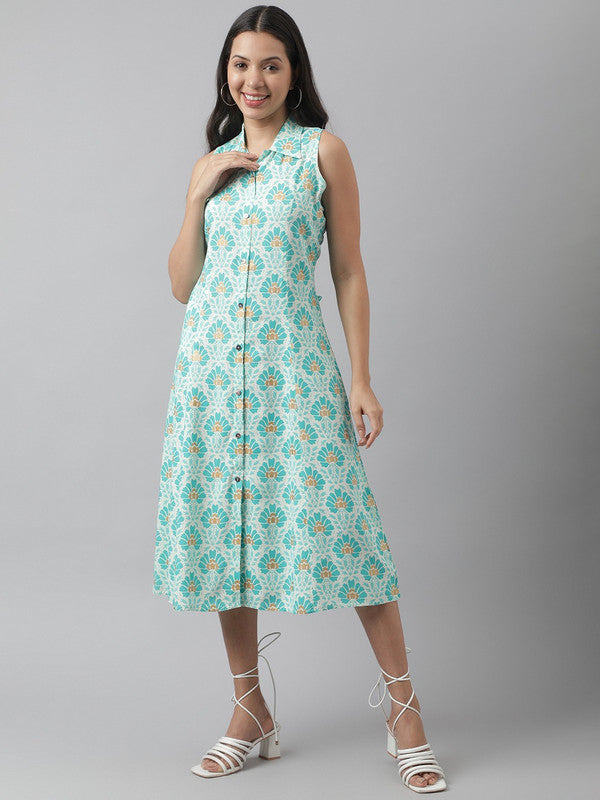 Aqua Blue & White Coloured Pure Cotton Floral Print A-Line Shirt collar Sleeveless Women Party/Daily wear Western Midi Dress!!