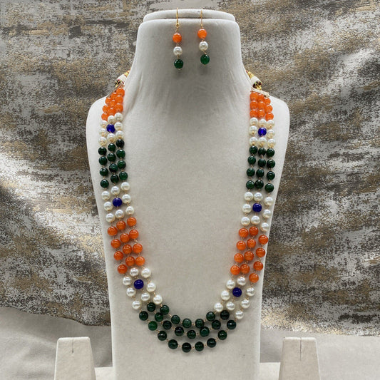 Multi Coloured Real Kundan with Pearls Women Designer Tri Colour Mala Long set with earrings!!