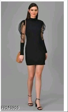 Black Rib Fabric Sheer Sleeves Bodycon Dress Free Size Up to 38inch