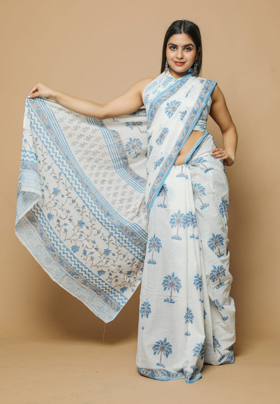 White & Blue Beautiful Hand Block Printed Cotton Saree with Blouse!!