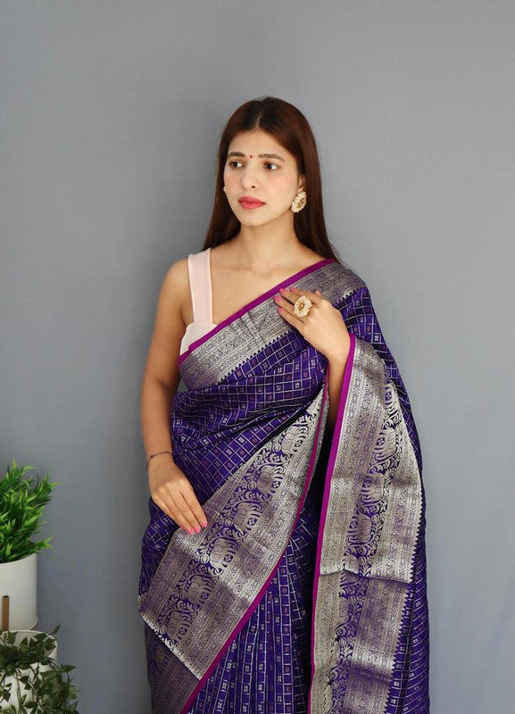 Blue & Red Coloured Beautiful Shiny Checks with Rich Pallu and attractive Border Women Party wear Soft Silk Saree with Blouse!!