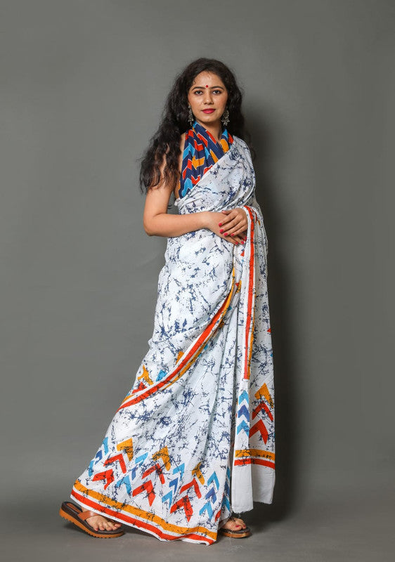 White & Multi Coloured Beautiful Hand Block printed Women Daily/Party wear Pure Mul Cotton Saree with Blouse!!