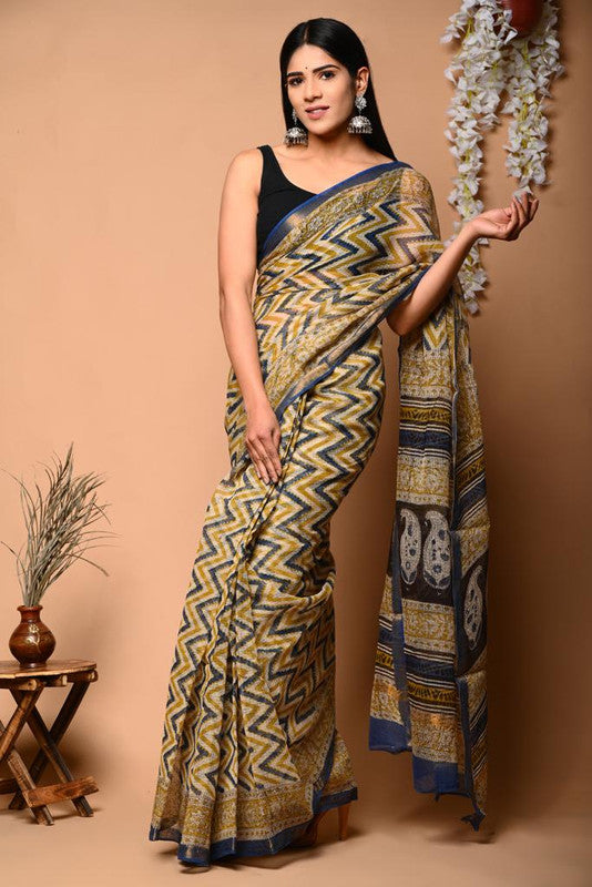 Yellow & Blue Coloured Beautiful Hand Block printed Women Daily/Party wear Kota Doriya Cotton Saree with Blouse!!