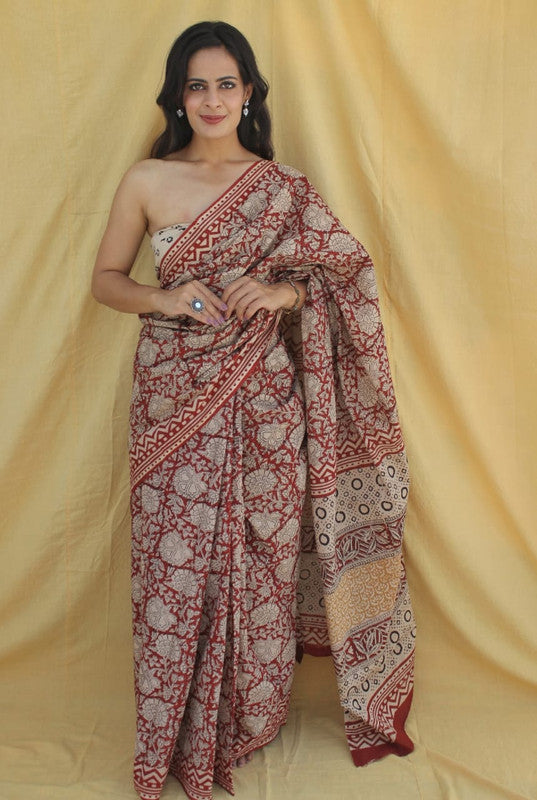 Maroon & Beige Coloured Pure Cotton Beautiful Hand Block printed Women Daily/Party wear Saree with Blouse!!