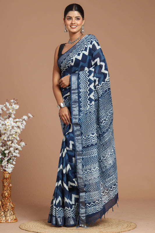 Blue & Multi Coloured Linen Cotton Beautiful Hand Block printed Women Daily/Party wear Saree with Blouse!!