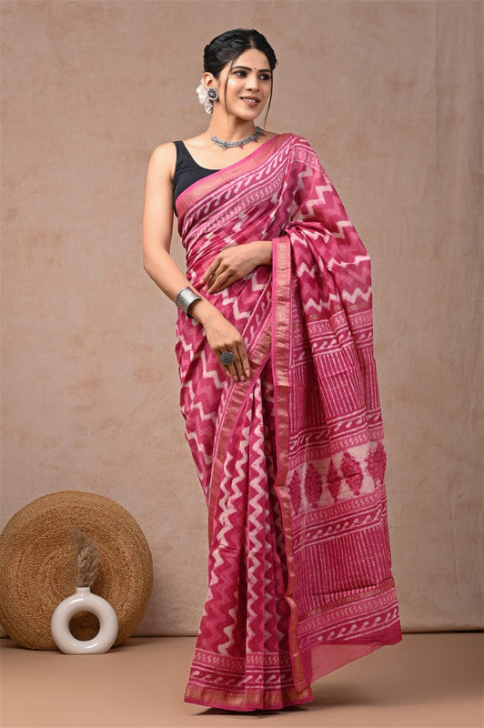 Pink & White Coloured Hand Block Printed Women Designer Party wear Maheshwari Cotton Silk Saree with Runnin Blouse!!