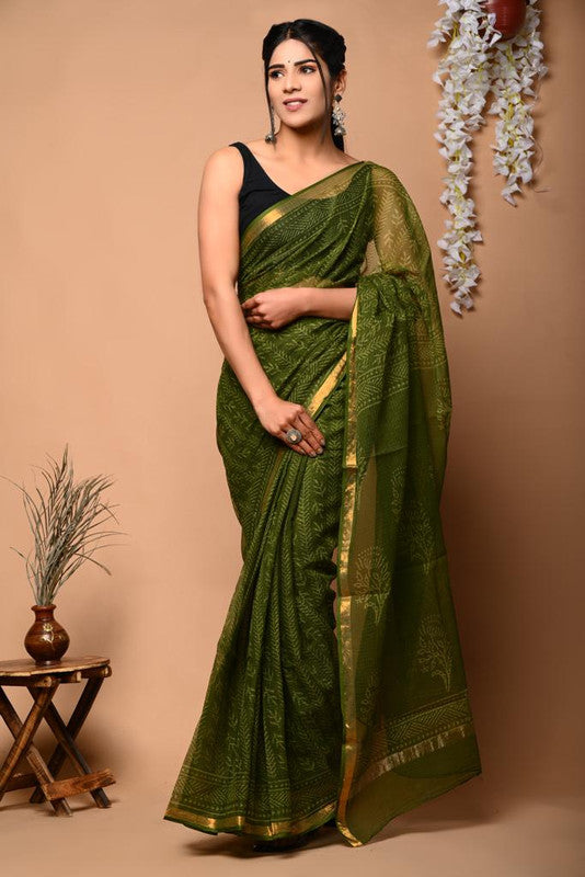 Mehendi Green & Multi Coloured Kota Doriya Cotton Beautiful Hand Block printed Women Daily/Party wear Saree with Blouse!!