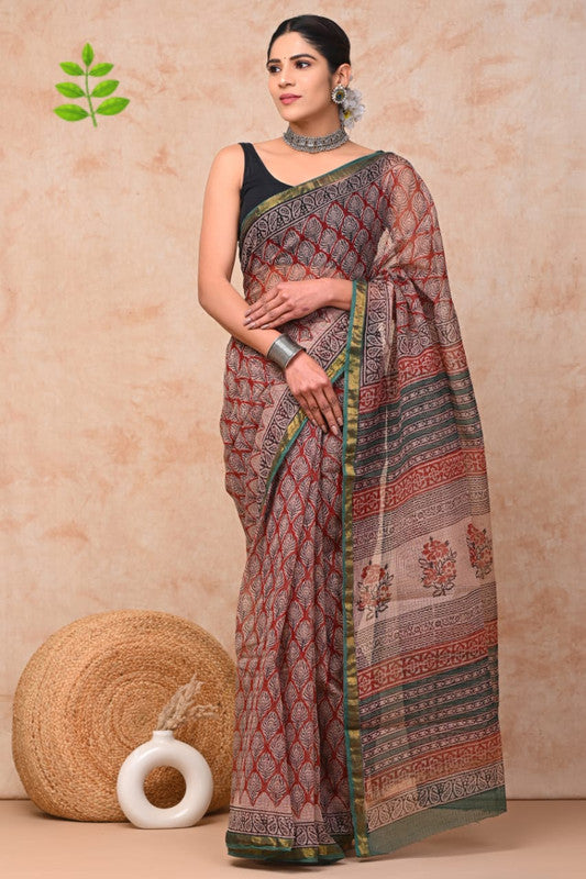 Maroon & Multi Coloured Kota Doriya Cotton Beautiful Hand Block printed Women Daily/Party wear Saree with Blouse!!