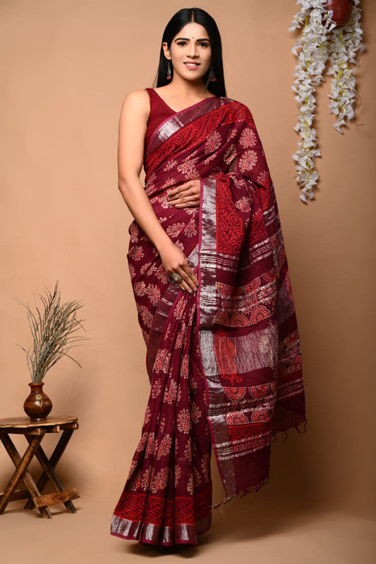 Maroon & Multi Coloured Linen Cotton Beautiful Hand Block printed Women Daily/Party wear Saree with Blouse!!