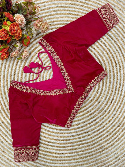 Maroon Coloured Premium Pure Velvet Heavy Embroidery & Handwork Woman Ready made Designer Bridal Blouse- Free Size Up to 38 Inch!!