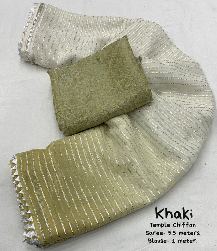 Khaki & White Coloured Exclusive Silver Zari woven lining Shade color Women Party wear Soft Silver Chiffon Saree with Blouse!!