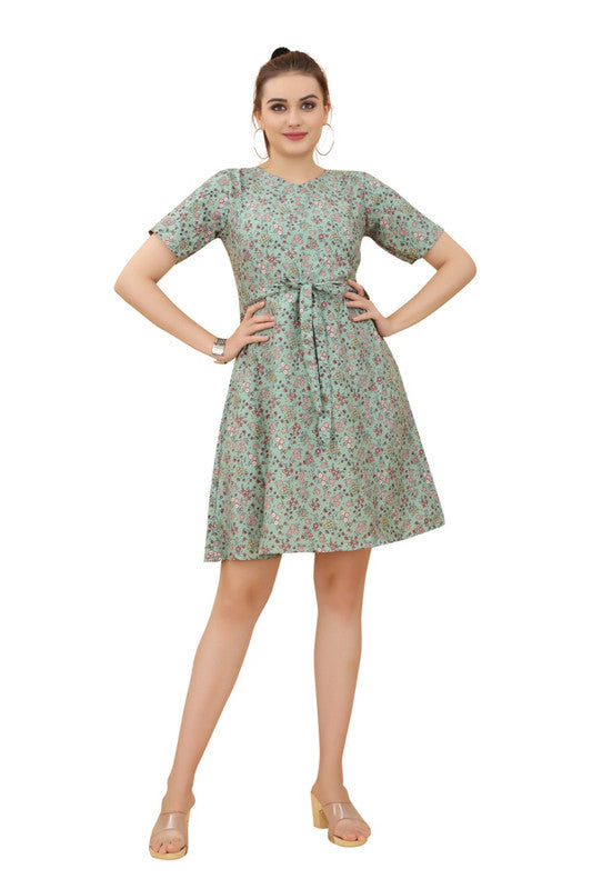 Light Green & Multi Coloured Premium Crepe Printed Short Sleeves Round Neck Women Daily wear Western Dress!!