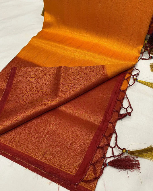 Orange & Maroon Coloured Premium Softy Kubera Pattu with Rich copper Zari Pallu Women Party wear Silk Saree with Blouse!!