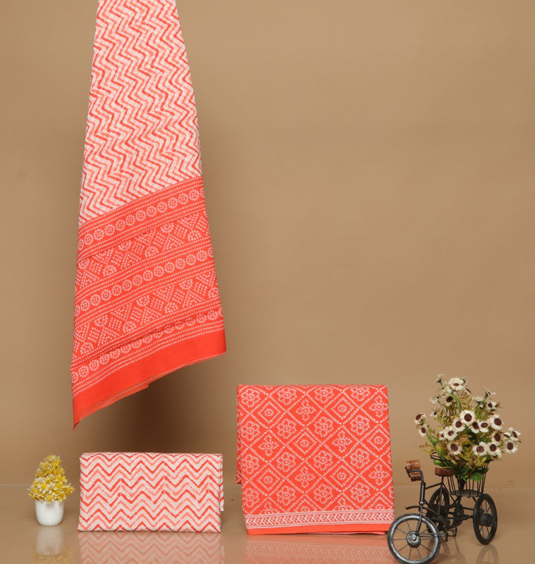 Orange Cotton Hand Printed Dress Material with Salwar & Cotton Dupatta!!