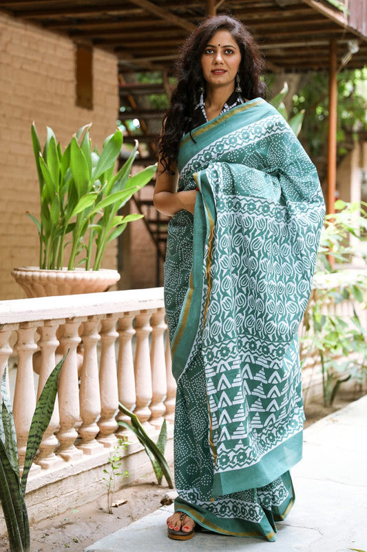 Blue Coloured Cotton Jari Border Saree with Blouse!!